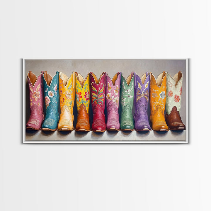 Floral Embroidered Western Boots Framed Canvas Print, Cowgirl Wall Art, Rodeo Room Decor, Rustic Ranch Gift, Boho Decor, Home Decor