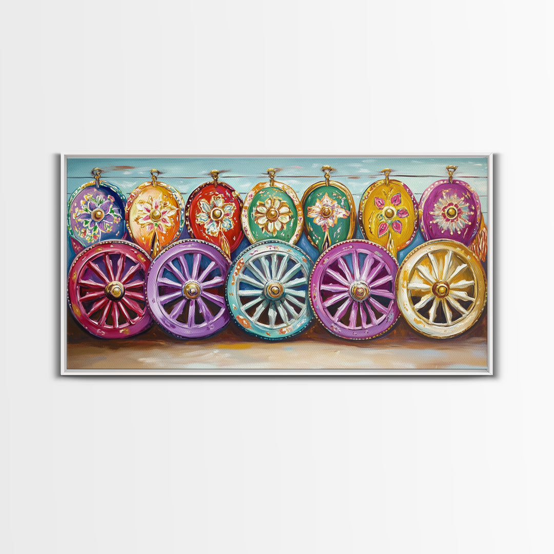Ornate Painted Wagon Wheels Framed Canvas Print, Southwestern Wall Art, Ranch Decor, Cowgirl Room Decor, Rustic Gift, Home Decor