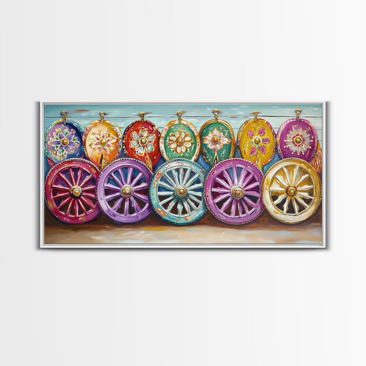 Ornate Painted Wagon Wheels Framed Canvas Print, Southwestern Wall Art, Ranch Decor, Cowgirl Room Decor, Rustic Gift, Home Decor