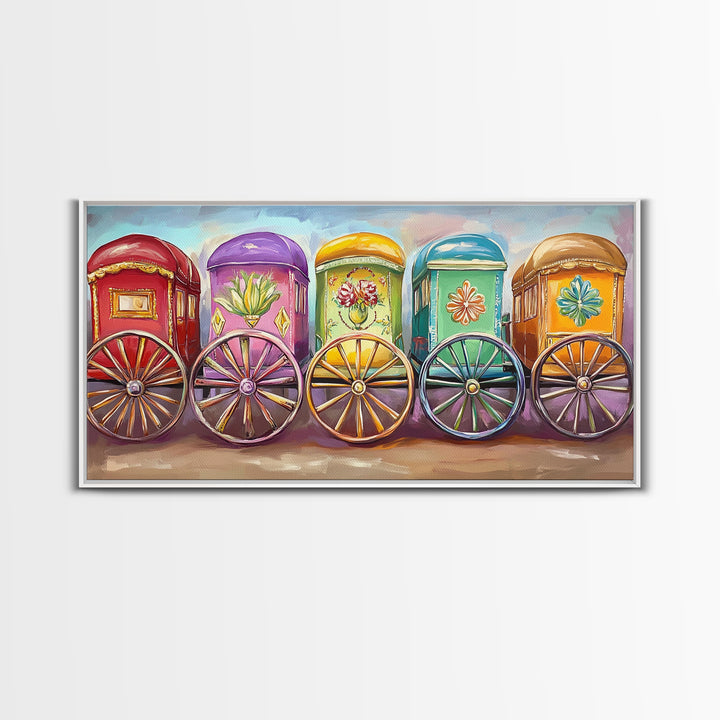 Vibrant Painted Traveling Wagons Wall Art, Western Canvas Print, Boho Ranch Decor, Colorful Nursery Art, Housewarming Gift