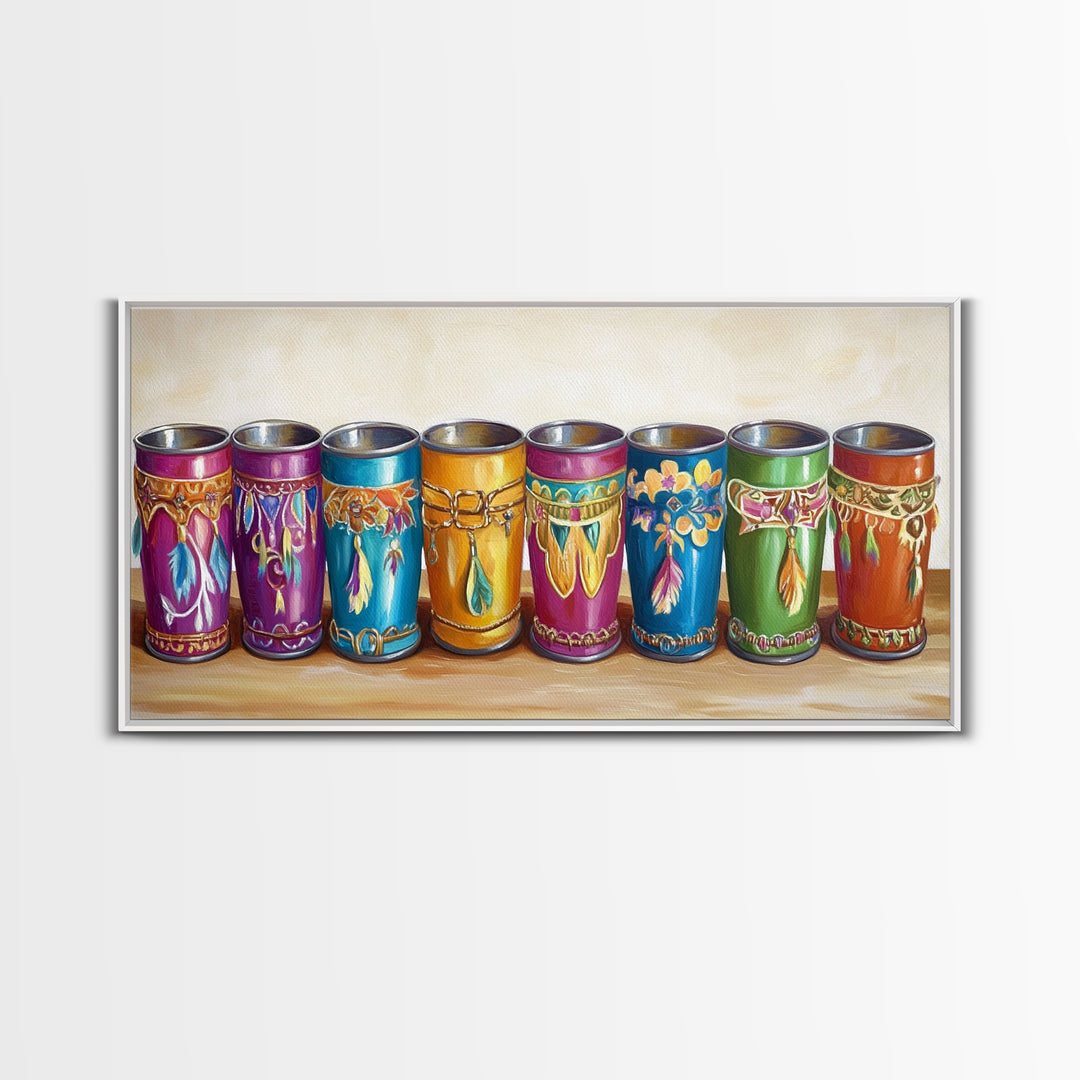 Boho Southwestern Painted Tin Cups Wall Art, Colorful Western Kitchen Decor, Rustic Ranch Canvas Art, Unique Housewarming Gift