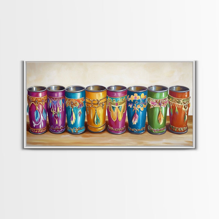 Boho Southwestern Painted Tin Cups Wall Art, Colorful Western Kitchen Decor, Rustic Ranch Canvas Art, Unique Housewarming Gift