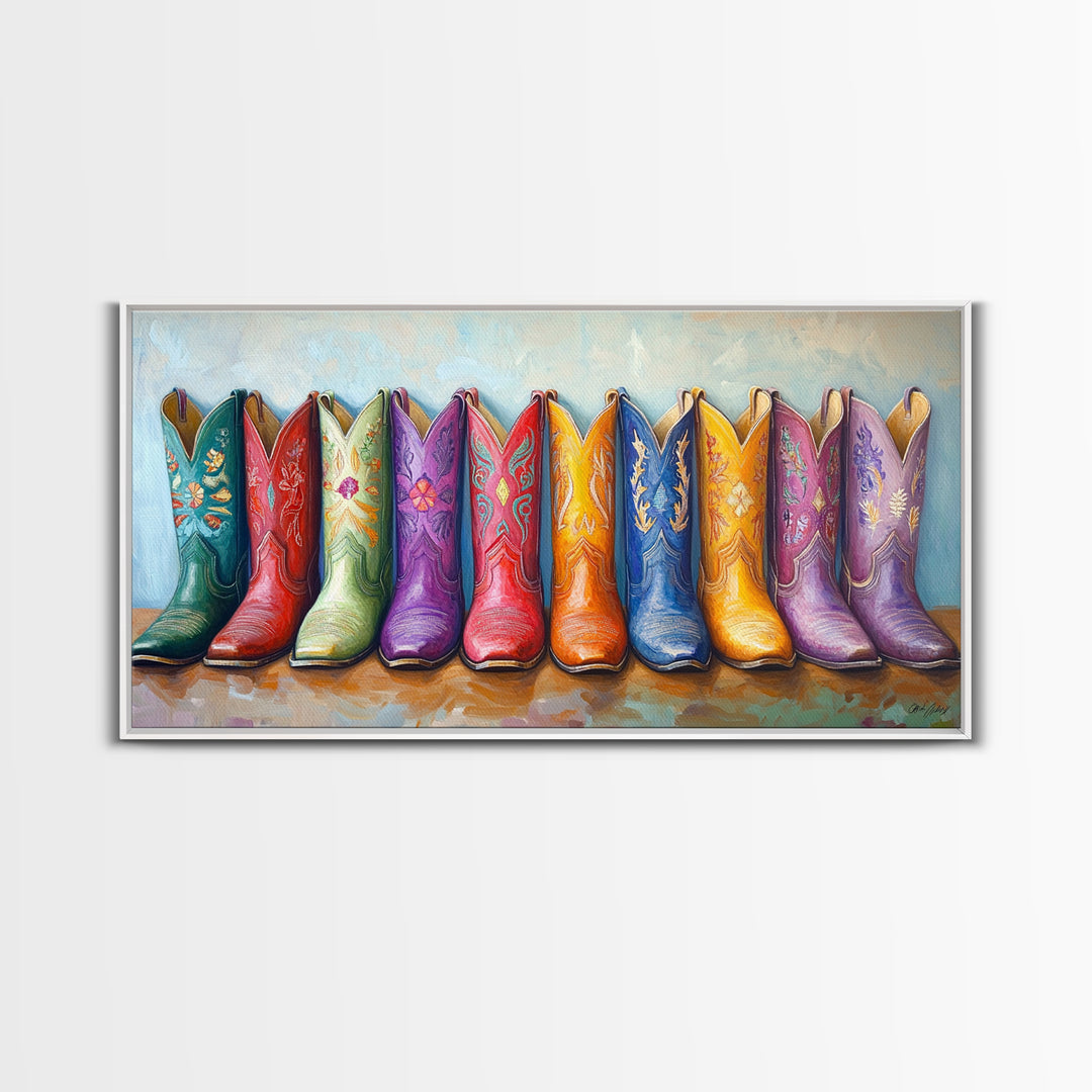 Colorful Row Of Western Cowgirl Boots Canvas Print, Embroidered Cowboy Wall Decor, Boho Ranch Living Room Housewarming Gift