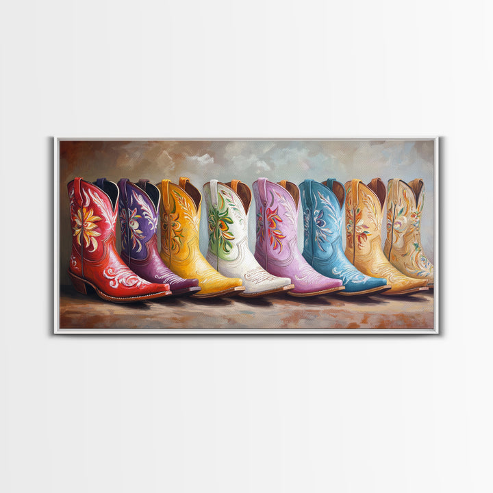 Glossy Colorful Cowgirl Boots Wall Art, Western Home Decor, Rustic Farmhouse Canvas Print, Statement Living Room Art Gift