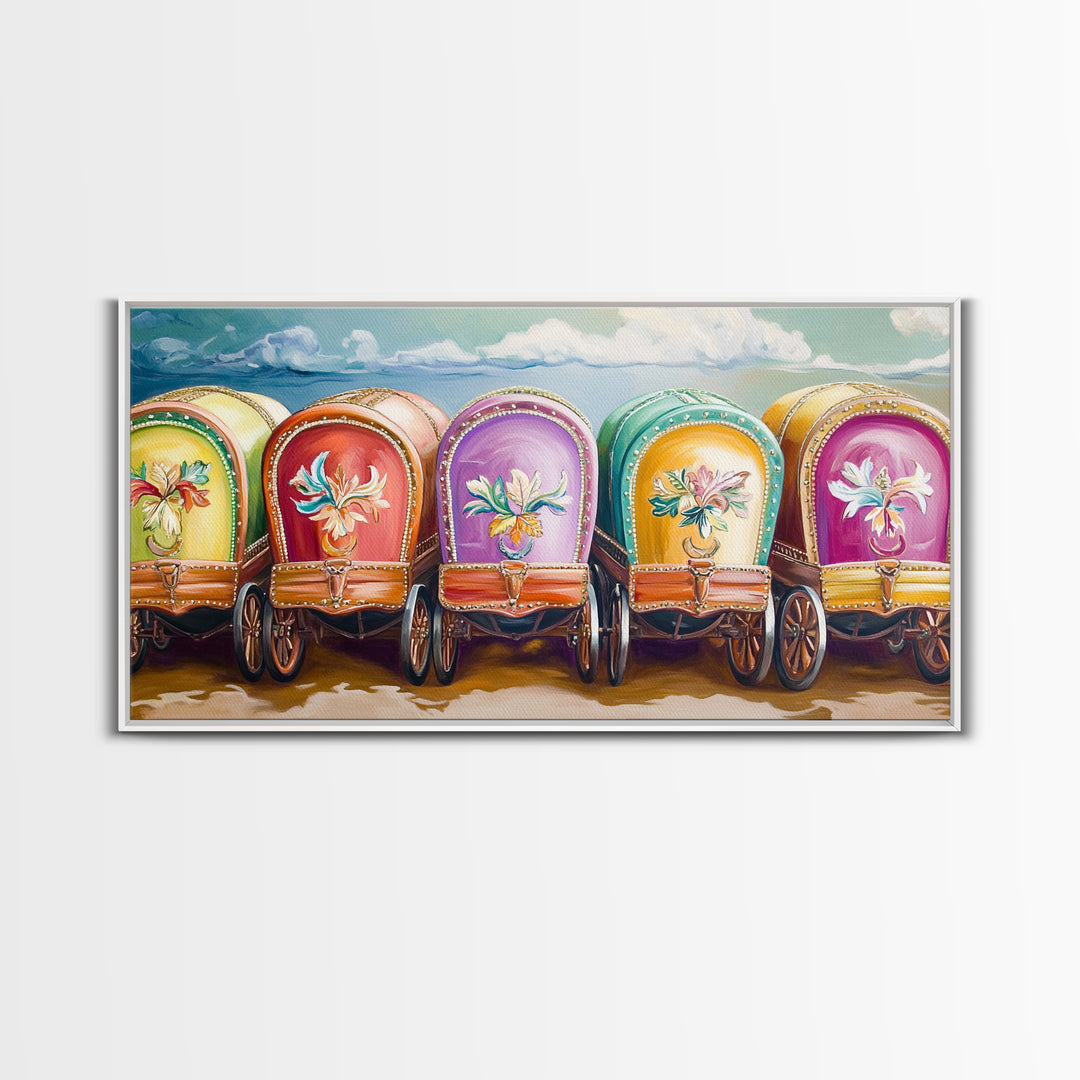 Colorful Painted Gypsy Wagon Framed Canvas Print, Western Wall Art, Boho Cowgirl Decor, Rustic Farmhouse Living Room Gift