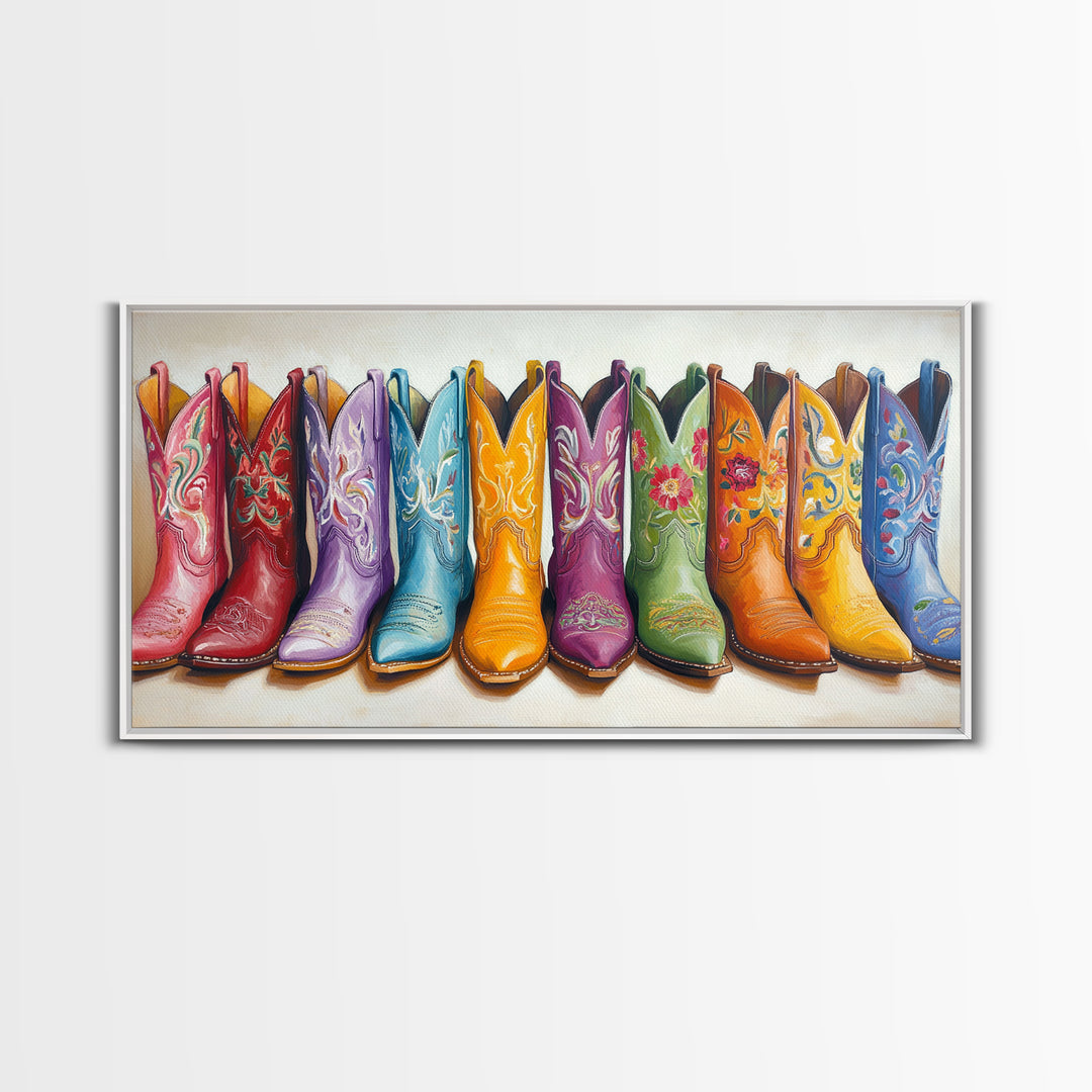 Vibrant Embroidered Cowboy Boots Wall Art, Western Cowgirl Decor, Rustic Farmhouse Canvas Print, Colorful Living Room Art