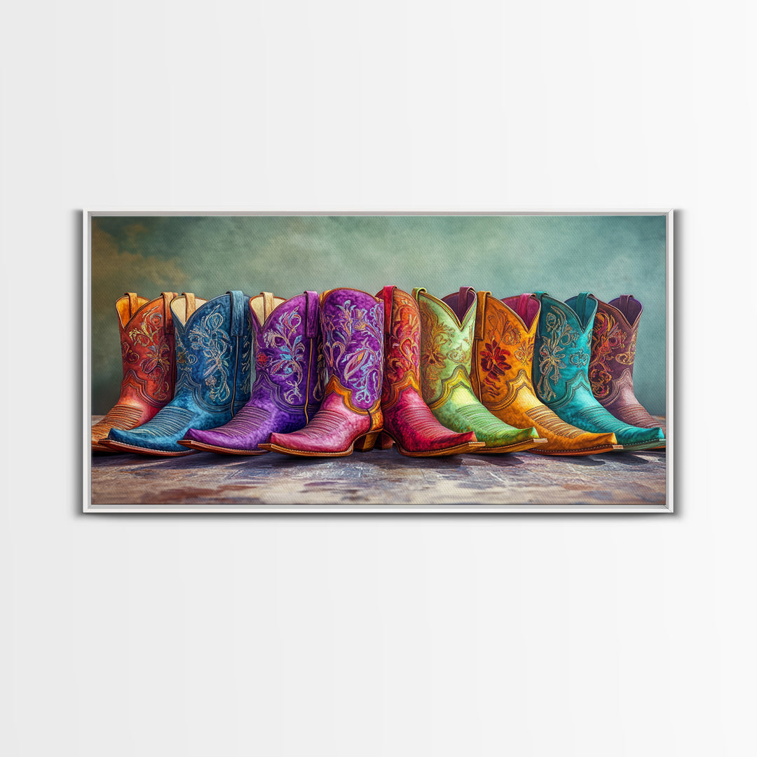 Bold Embroidered Cowboy Boots Canvas Print, Western Cowgirl Wall Art, Colorful Rustic Farmhouse Decor, Statement Living Room Art