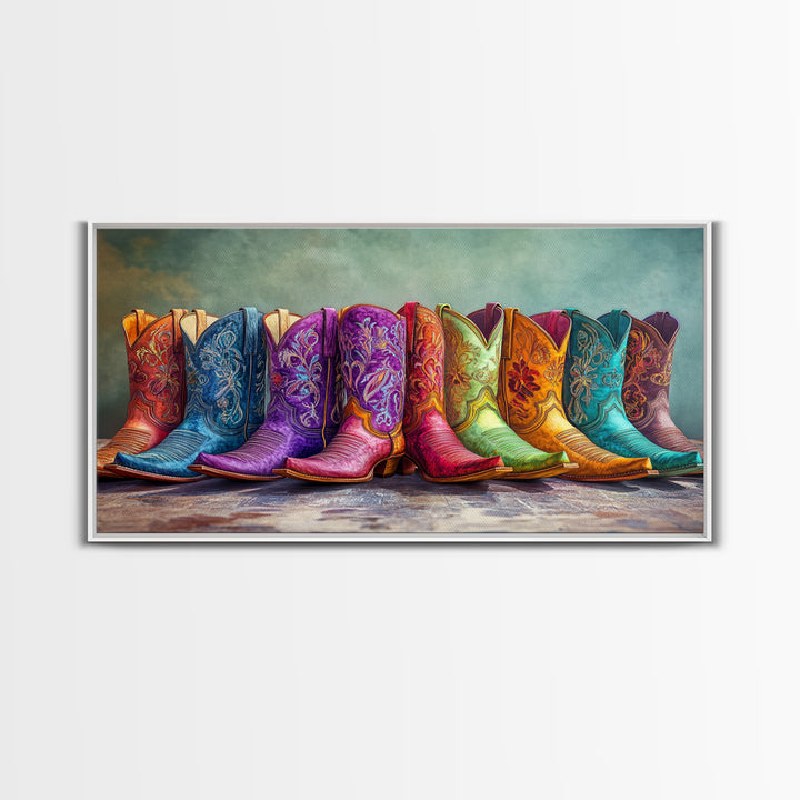 Bold Embroidered Cowboy Boots Canvas Print, Western Cowgirl Wall Art, Colorful Rustic Farmhouse Decor, Statement Living Room Art