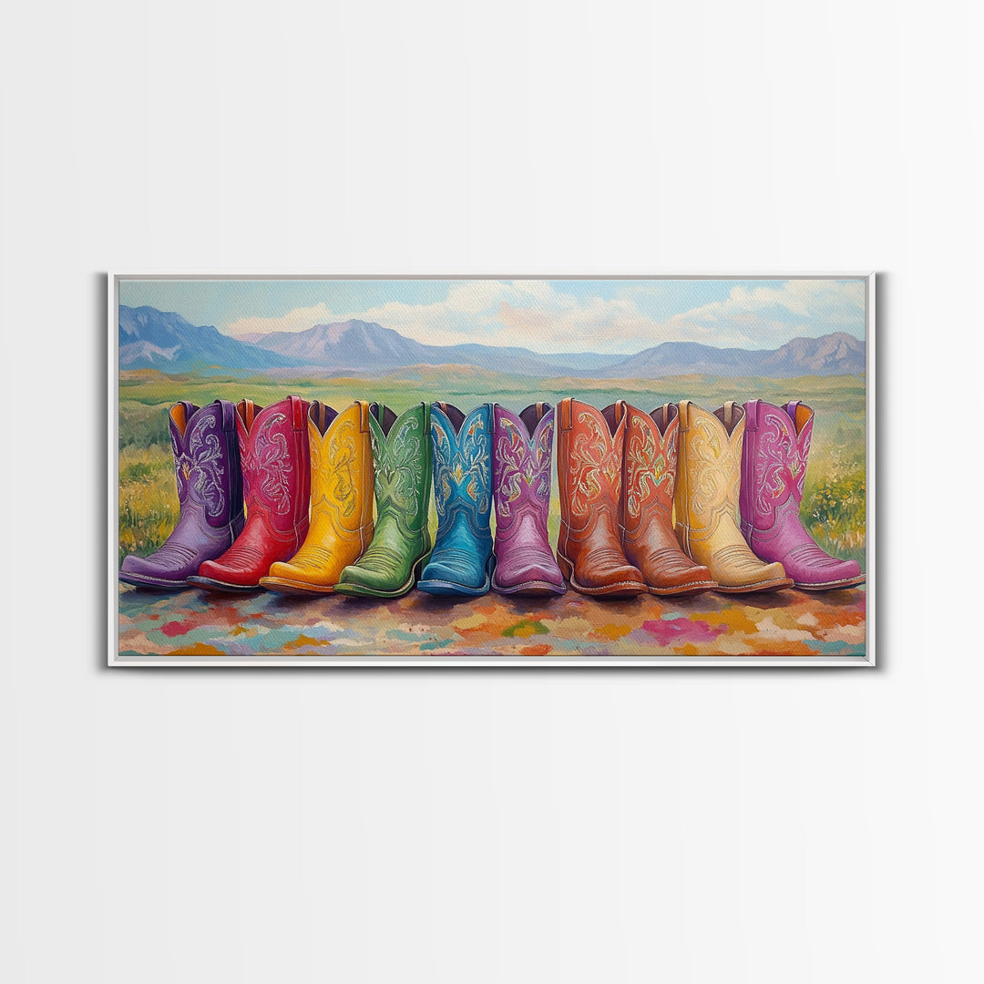 Rainbow Cowboy Boots With Mountain Meadow View Framed Canvas Print, Western Landscape Wall Art, Rustic Farmhouse Decor Gift