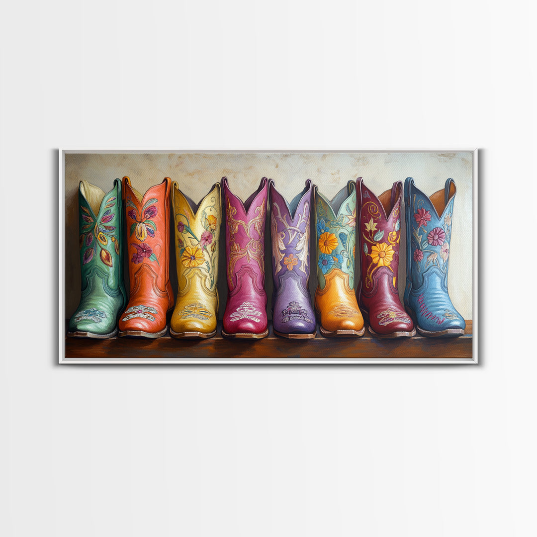 Pastel Floral Western Boots With Golden Embroidery Canvas Print, Cowgirl Wall Art, Boho Western Decor, Girls Room Decor Gift