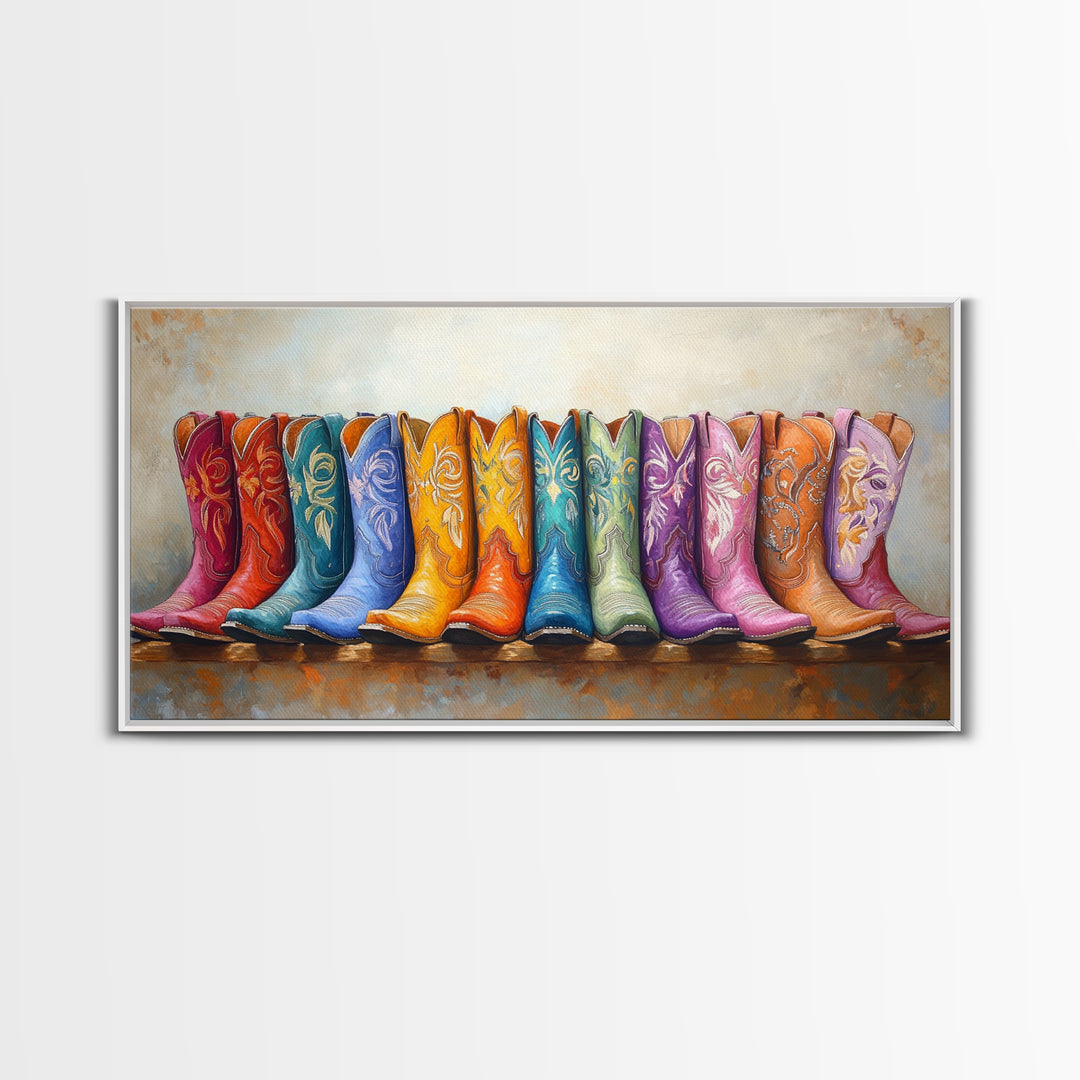 Boho Rainbow Western Boots On Rustic Ledge Framed Canvas Print, Cowgirl Wall Art, Colorful Wall Decor, Housewarming Gift
