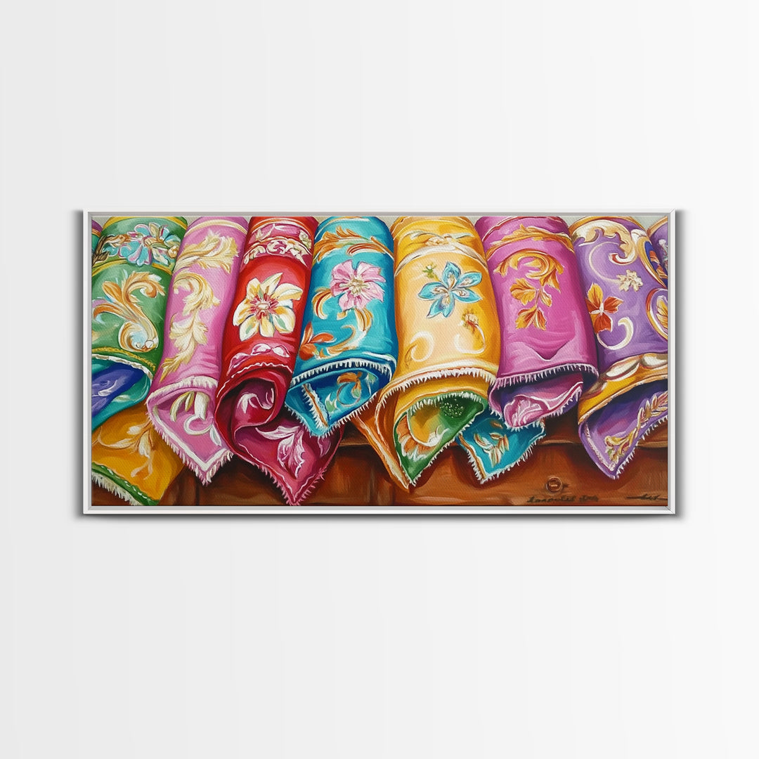 Rolled Embroidered Western Blankets Canvas Print, Colorful Cowgirl Wall Decor, Boho Ranch Living Room Art, Housewarming Gift