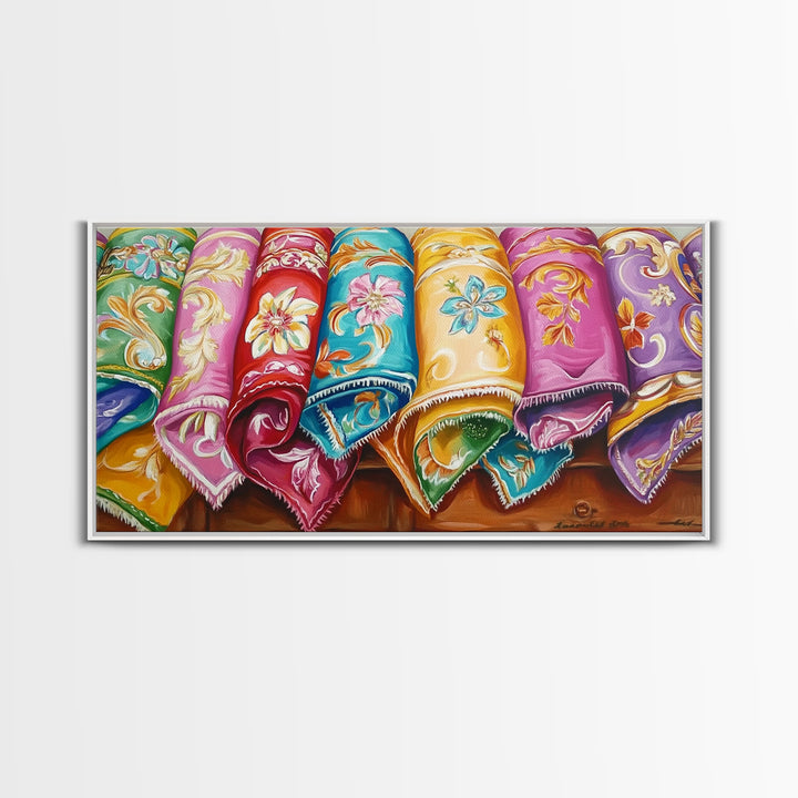 Rolled Embroidered Western Blankets Canvas Print, Colorful Cowgirl Wall Decor, Boho Ranch Living Room Art, Housewarming Gift