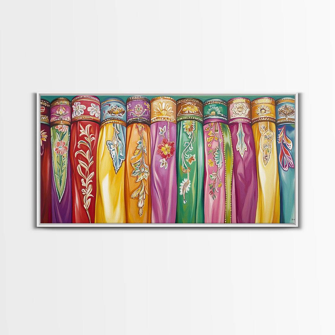 Vibrant Embroidered Textile Wall Art, Boho Western Scarf Canvas Print, Maximalist Decor, Cowgirl Home Decor For Living Room