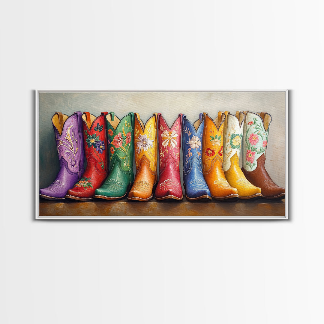 Bright Embroidered Western Boots Framed Canvas Print, Cowgirl Wall Art, Rustic Ranch Decor, Colorful Country Housewarming Gift