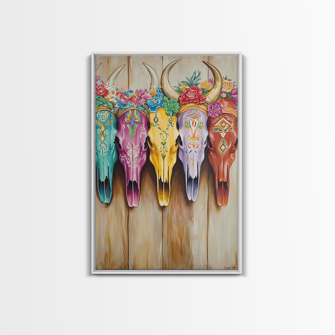 Floral Painted Longhorn Skulls Framed Canvas Print, Western Wall Art, Southwestern Decor, Cowgirl Ranch Home Decor Gift Idea
