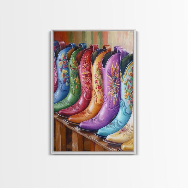 Bright Embroidered Cowboy Boots Wall Art, Western Cowgirl Canvas Print, Colorful Living Room Decor, Rustic Bedroom Wall Art