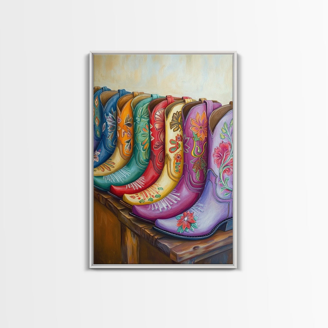 Vibrant Floral Cowboy Boots Wall Art, Western Canvas Print, Cowgirl Bedroom Decor, Rustic Boho Home Decor, Living Room Art, Gift For Her