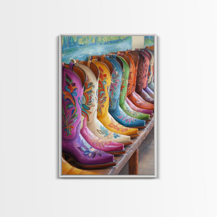 Row Of Painted Floral Cowgirl Boots Framed Canvas Print, Western Wall Art, Southwestern Home Decor, Housewarming Gift For Her