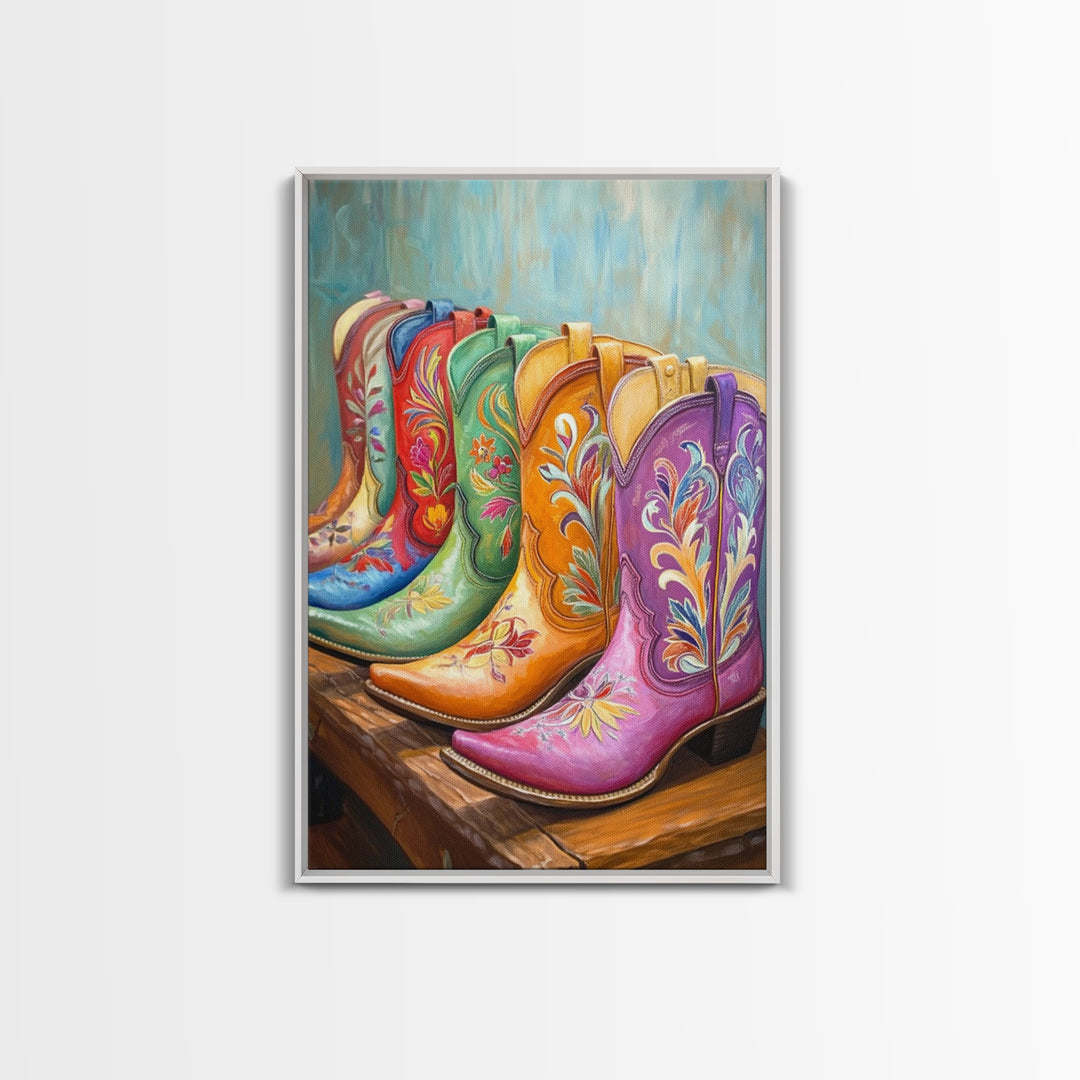 Pink Purple And Orange Cowboy Boots Framed Canvas Print, Western Cowgirl Wall Art, Floral Ranch Decor, Gift For Her Home Decor