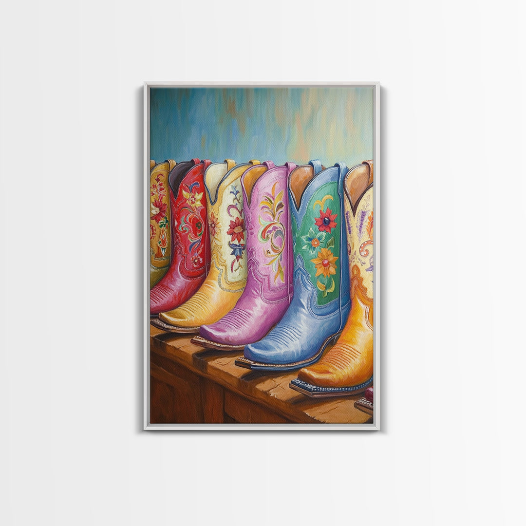Pastel Blue Pink And Red Cowboy Boots Wall Art, Floral Western Decor, Cowgirl Ranch Canvas Art Print, Living Room Decor Gift