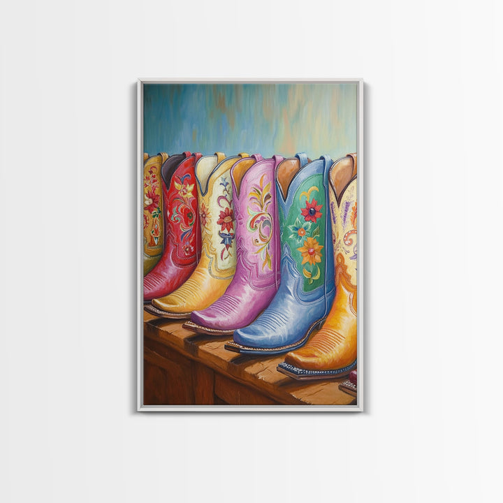 Pastel Blue Pink And Red Cowboy Boots Wall Art, Floral Western Decor, Cowgirl Ranch Canvas Art Print, Living Room Decor Gift
