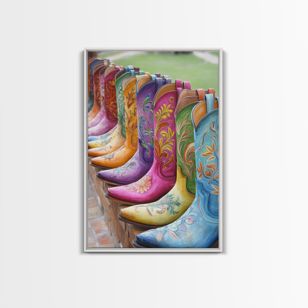 Outdoor Row Of Turquoise Pink And Green Cowboy Boots Canvas Print, Western Wall Art, Cowgirl Decor, Rustic Home Decor, Gift For Her