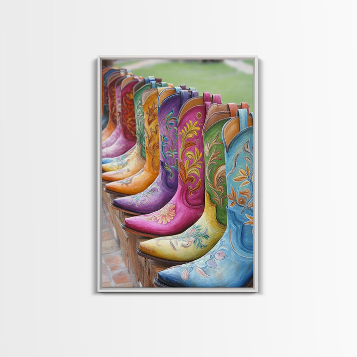 Outdoor Row Of Turquoise Pink And Green Cowboy Boots Canvas Print, Western Wall Art, Cowgirl Decor, Rustic Home Decor, Gift For Her