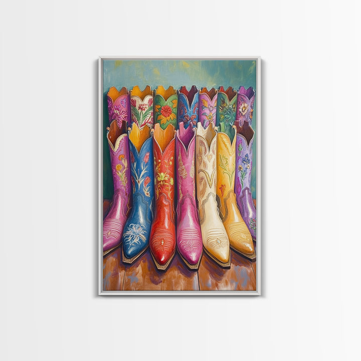 Front Facing Pink Blue Red And Cream Cowgirl Boots Framed Canvas Print, Western Wall Art, Maximalist Decor, Gift For Her