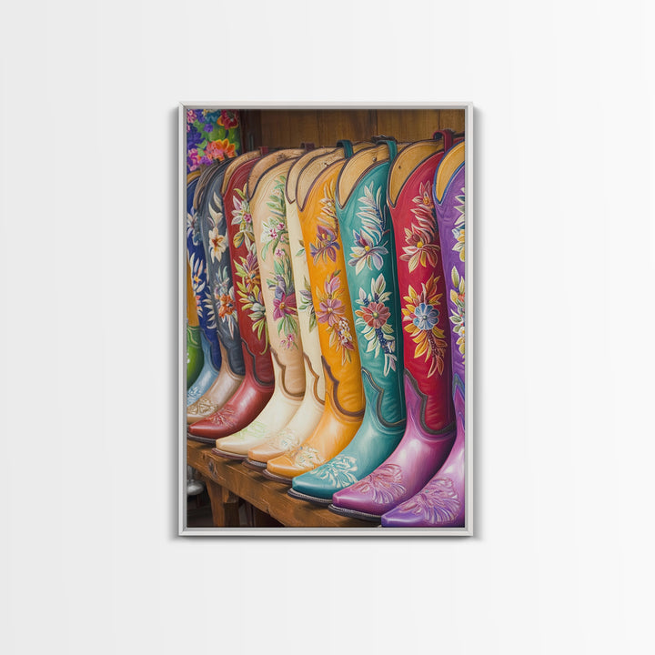 Embroidered Floral Cowboy Boots Canvas Print, Western Wall Art, Cowgirl Decor, Rustic Home Decor, Housewarming Gift, Living Room Decor