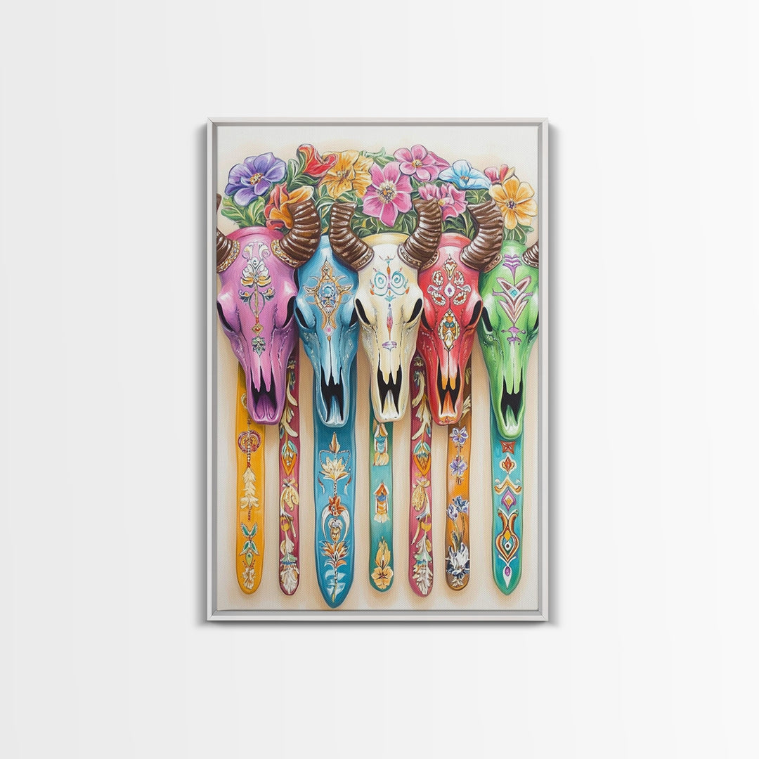 Floral Painted Cow Skulls Canvas Print, Western Wall Art, Southwestern Decor, Cowgirl Art, Boho Wall Decor, Gift For Her