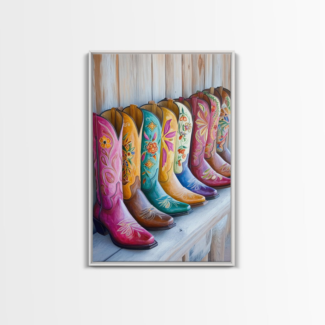 Rustic Row Of Painted Cowgirl Boots Wall Art, Western Floral Canvas Print, Southwestern Ranch Decor, Housewarming Gift For Her