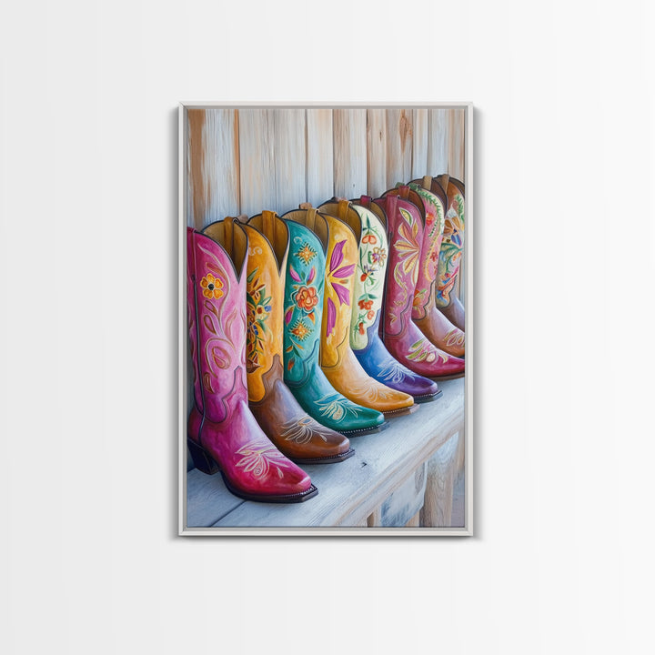 Rustic Row Of Painted Cowgirl Boots Wall Art, Western Floral Canvas Print, Southwestern Ranch Decor, Housewarming Gift For Her