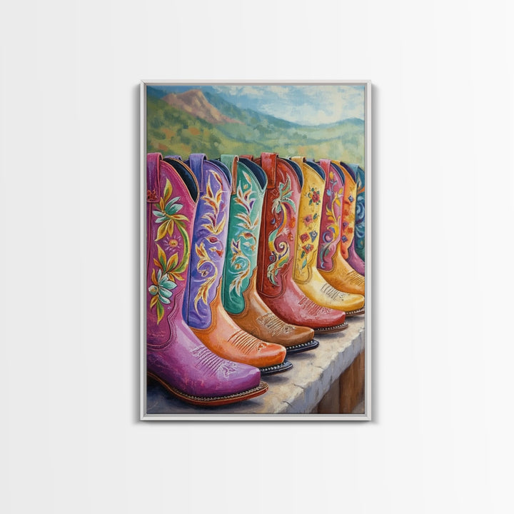 Floral Cowboy Boots With Mountain View Wall Art, Western Landscape Painting, Cowgirl Decor, Rustic Farmhouse Canvas Print