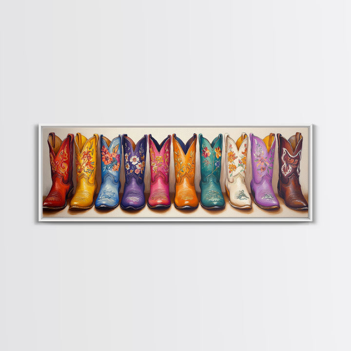 Bright Floral Cowboy Boots Framed Canvas Print, Western Wall Art, Cowgirl Decor, Ranch Housewarming Gift For Her, Living Room Decor
