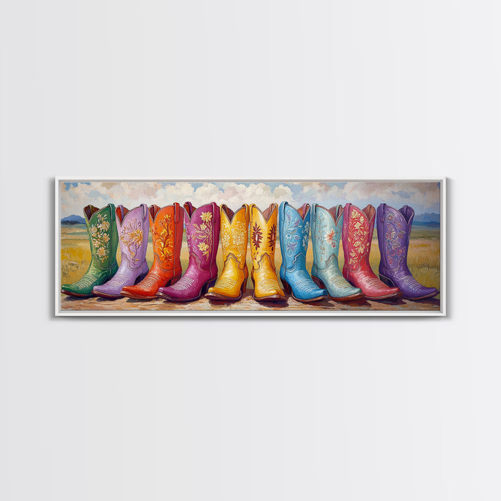 Colorful Cowboy Boots In Prairie Landscape Wall Art, Western Cowgirl Decor, Rustic Farmhouse Canvas Print, Above Sofa Art