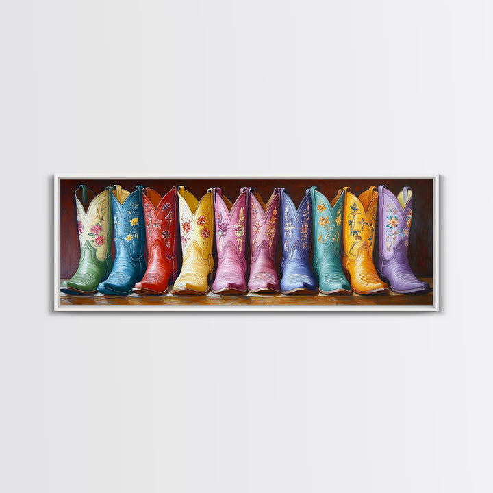 Tall Embroidered Cowboy Boots Framed Canvas Print, Colorful Western Wall Decor, Rustic Ranch Art, Boho Cowgirl Gift, Living Room Art