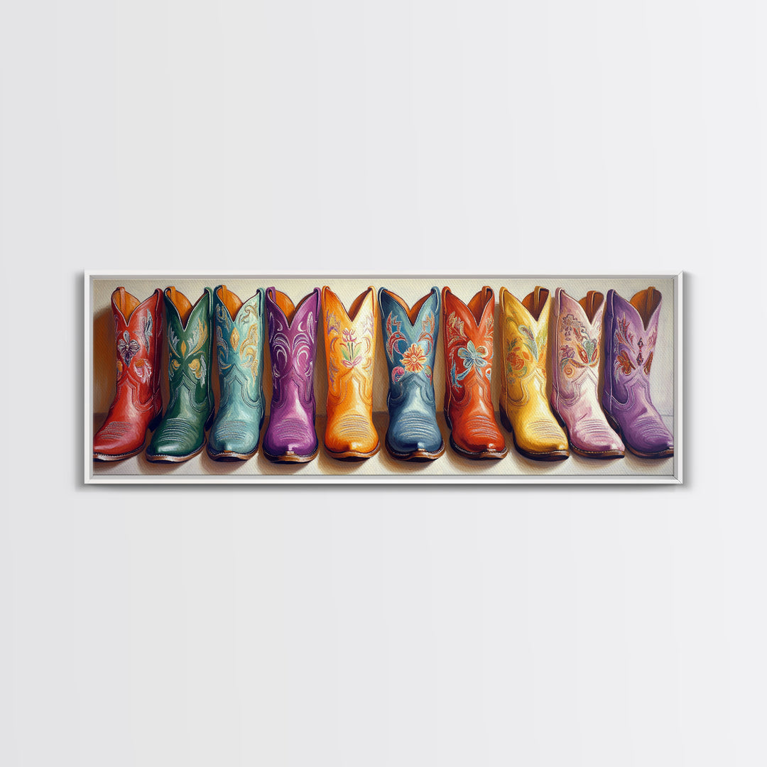 Colorful Embroidered Cowboy Boots Wall Art, Western Cowgirl Decor, Rustic Farmhouse Canvas, Vibrant Entryway Art Print Gift