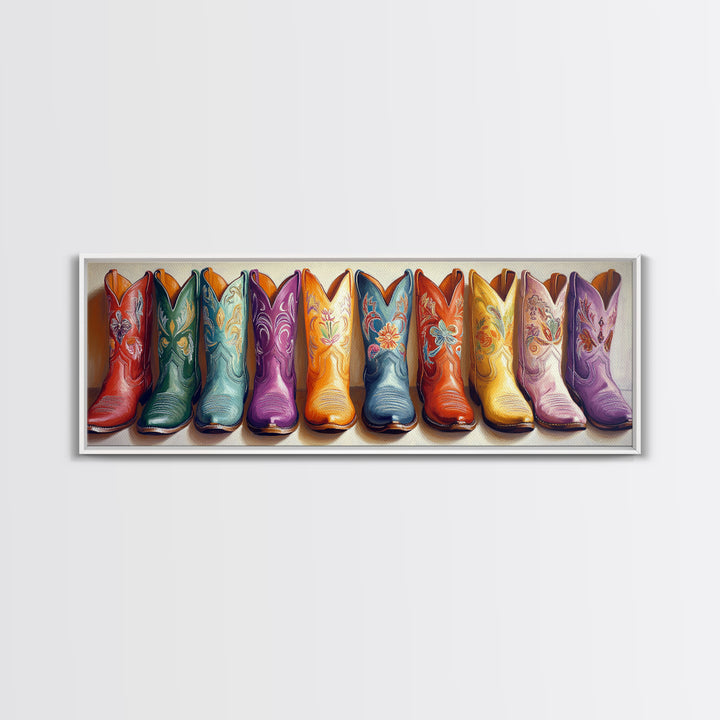 Colorful Embroidered Cowboy Boots Wall Art, Western Cowgirl Decor, Rustic Farmhouse Canvas, Vibrant Entryway Art Print Gift