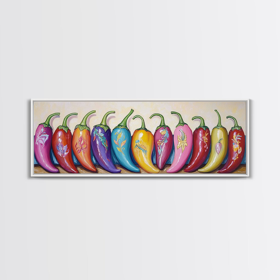 Bright Rainbow Chili Peppers Wall Art, Colorful Kitchen Decor, Southwestern Food Print, Dopamine Dining Room Canvas Gift
