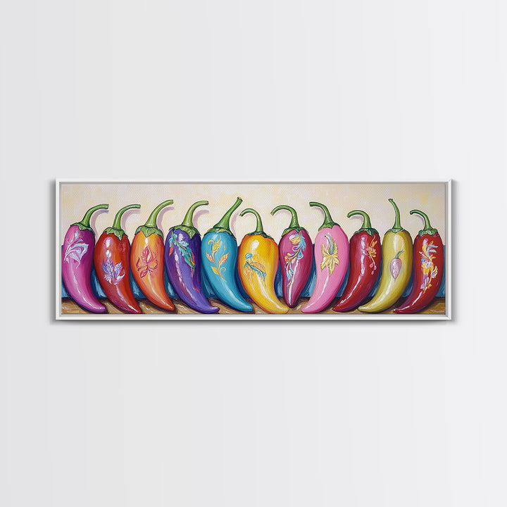 Bright Rainbow Chili Peppers Wall Art, Colorful Kitchen Decor, Southwestern Food Print, Dopamine Dining Room Canvas Gift