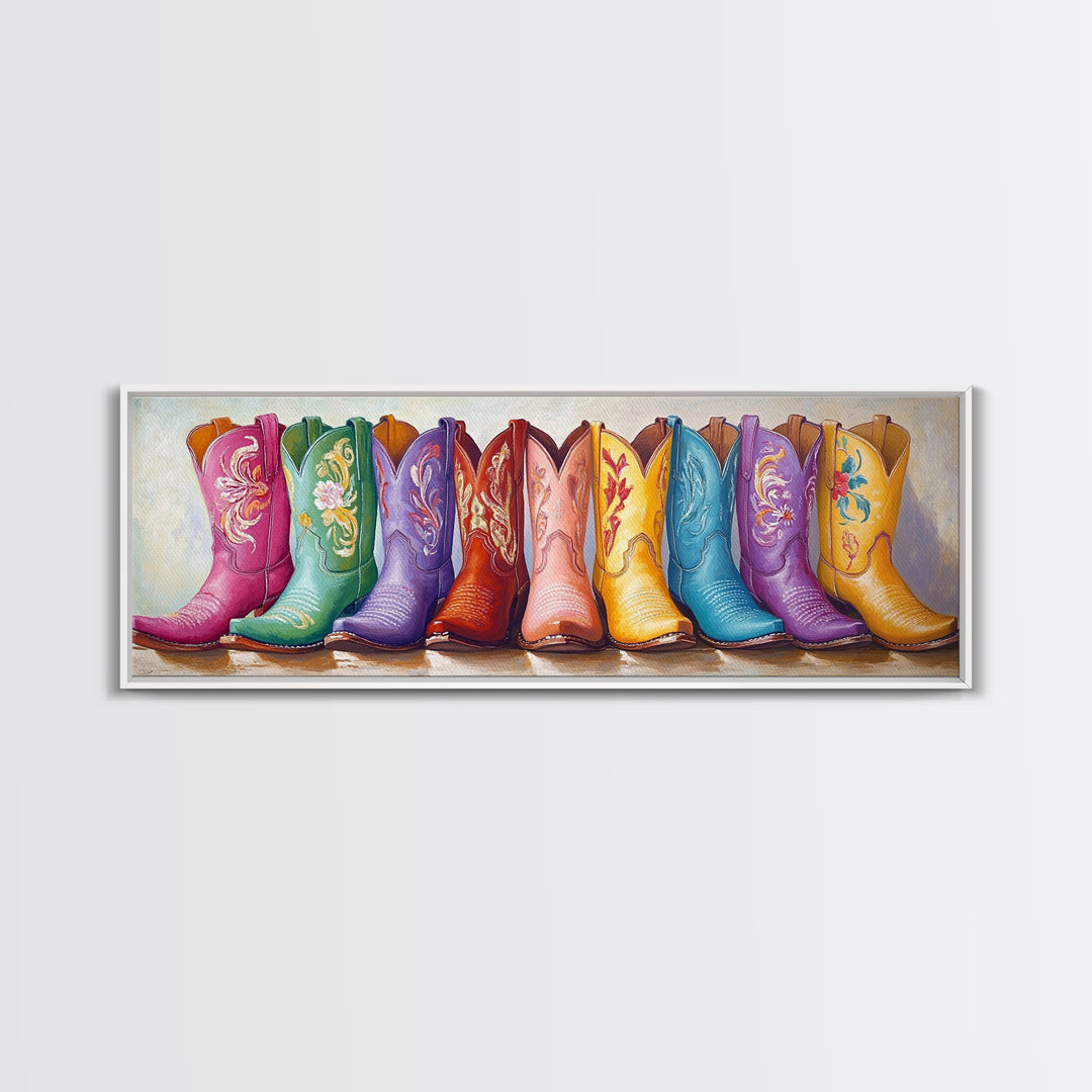 Pastel Floral Cowboy Boots Framed Canvas Print, Western Wall Art, Cowgirl Nursery Decor, Boho Bedroom Wall Decor Gift For Her