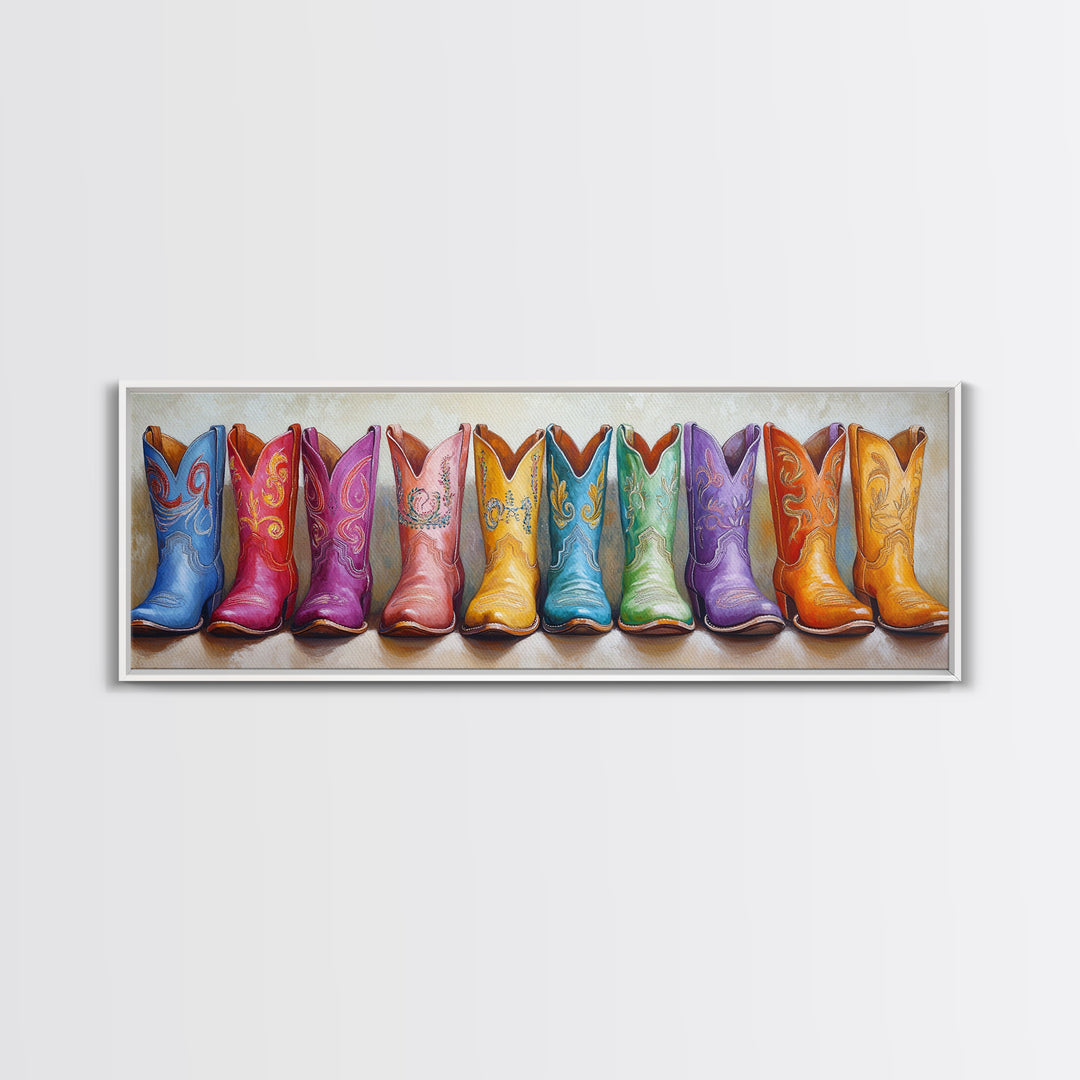 Bright Embroidered Cowboy Boots Canvas Print, Western Wall Art, Cowgirl Home Decor, Colorful Boho Bedroom Housewarming Gift