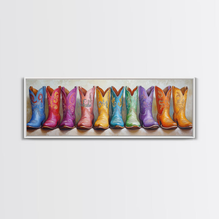 Bright Embroidered Cowboy Boots Canvas Print, Western Wall Art, Cowgirl Home Decor, Colorful Boho Bedroom Housewarming Gift