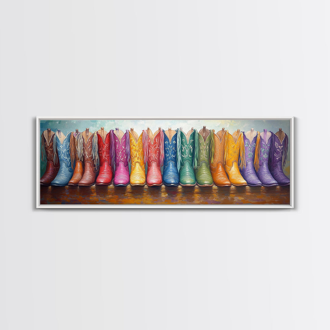Panoramic Rainbow Cowboy Boots Wall Art, Long Horizontal Canvas Print For Western Decor, Cowgirl Ranch Home Accent Gift Idea