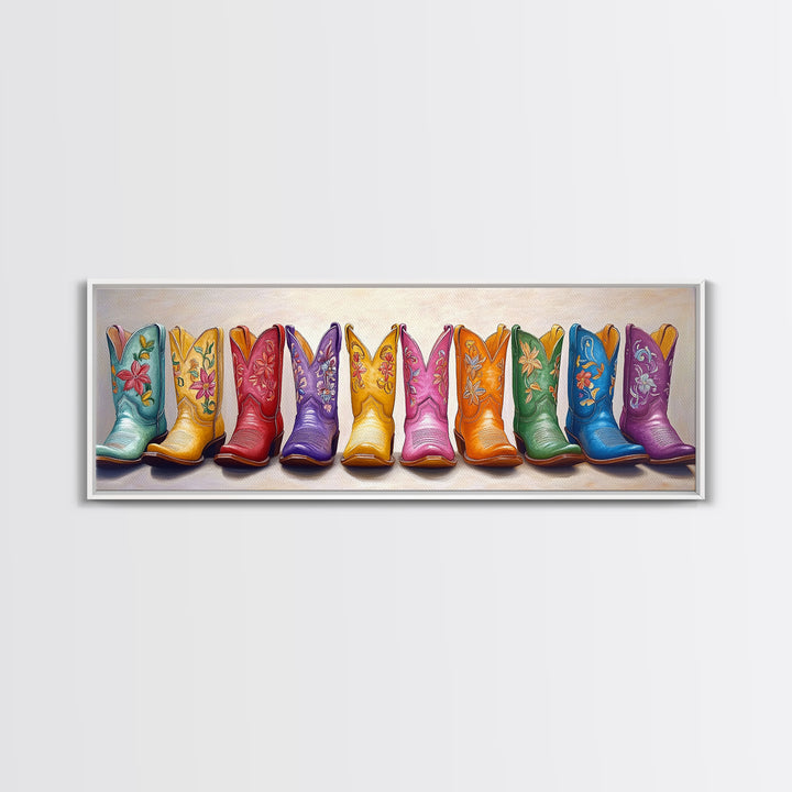 Pastel Embroidered Cowboy Boots Wall Art, Western Framed Canvas Print For Cowgirl Nursery Decor And Rustic Home Wall Decor