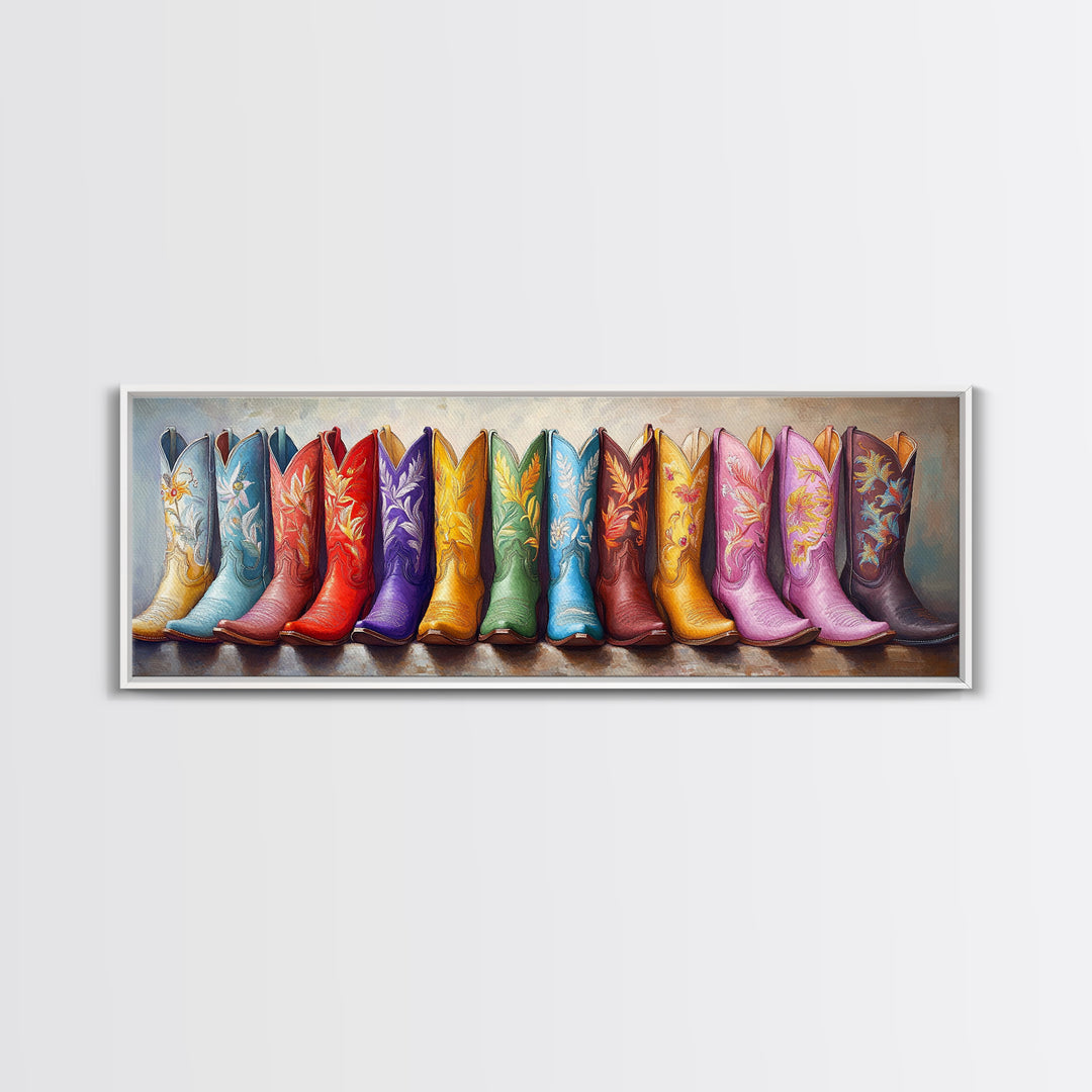 Tall Rainbow Cowboy Boots Wall Art, Western Decor, Colorful Cowgirl Canvas Print, Rustic Farmhouse Living Room Art Gift Idea