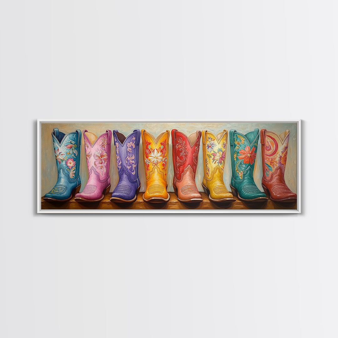 Pastel Embroidered Cowboy Boots Framed Canvas Print, Western Cowgirl Wall Decor, Floral Ranch Art, Boho Housewarming Gift