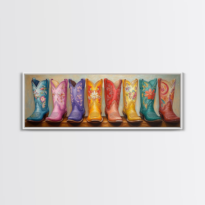 Pastel Embroidered Cowboy Boots Framed Canvas Print, Western Cowgirl Wall Decor, Floral Ranch Art, Boho Housewarming Gift