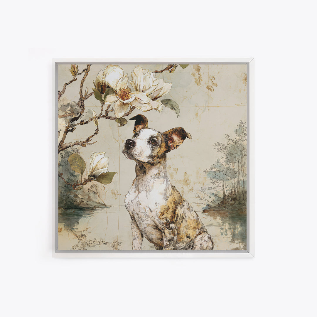 Delicate Magnolia Branch on Cream Background Framed Canvas Print, Above Bed Art, Living Room Decor, Bedroom Decor, Serenity, ABA-1x1-16
